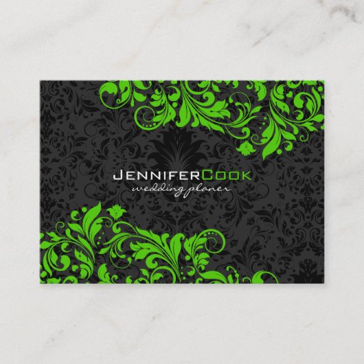 Black & Green Floral Damascus 5 Wedding Planner Visitekaartje (Voorkant)