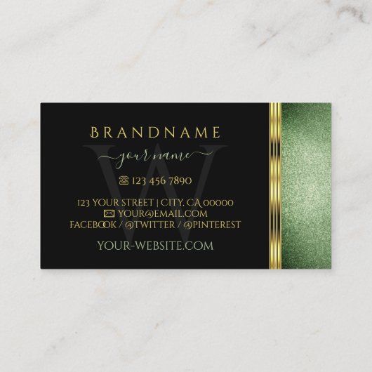 Black Green Glitter Gold  Ornamenten Monogram Visitekaartje (Achterkant)
