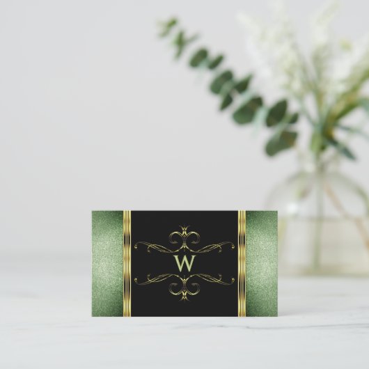 Black Green Glitter Gold Ornamenten Monogram Visitekaartje (Staand voorkant)