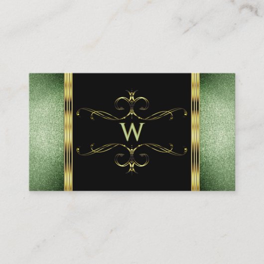 Black Green Glitter Gold Ornamenten Monogram Visitekaartje (Voorkant)