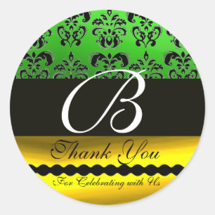 BLACK GREEN GOLD DAMASK MONOGRAM Dank u Ronde Sticker