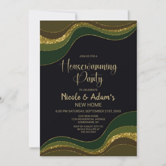 Black Green Gold Glitter Housewarming Party Kaart (Voorkant)