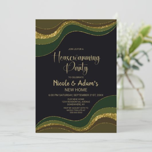 Black Green Gold Glitter Housewarming Party Kaart (Staand voorkant)