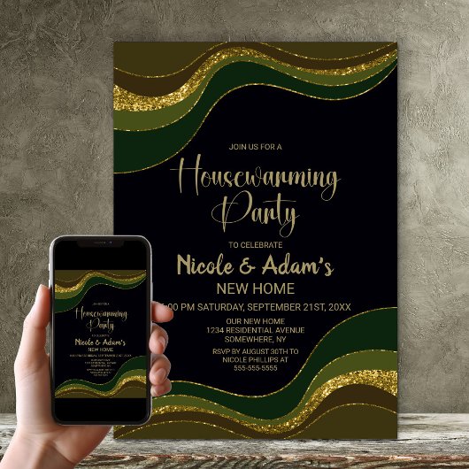 Black Green Gold Glitter Housewarming Party Kaart