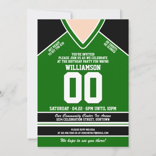 Black/Green Hockey Jersey Birthday Party Kaart (Voorkant)