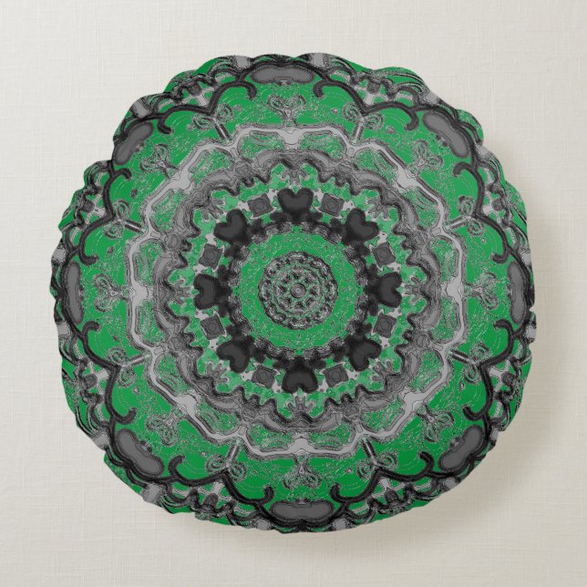 Black & Green Mandala Round Pillow Rond Kussen (Voorkant)