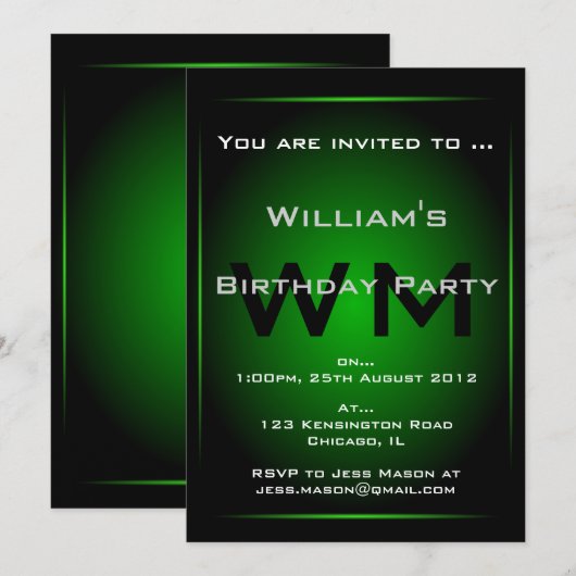 Black & Green Monogram Sci-fi - Uitnodiging (Voorkant / Achterkant)