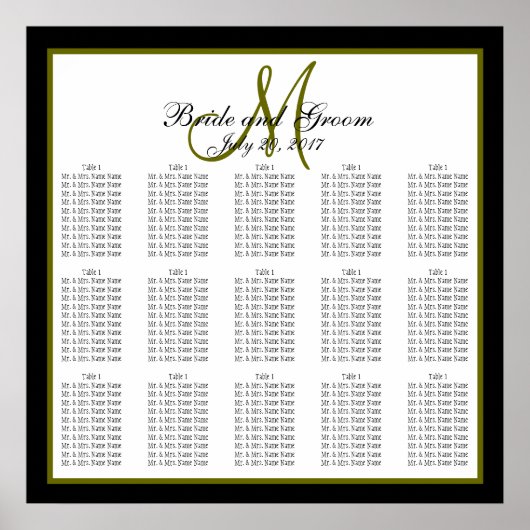 Black Green Monogram Wedding Seating Chart 150 Poster (Voorkant)