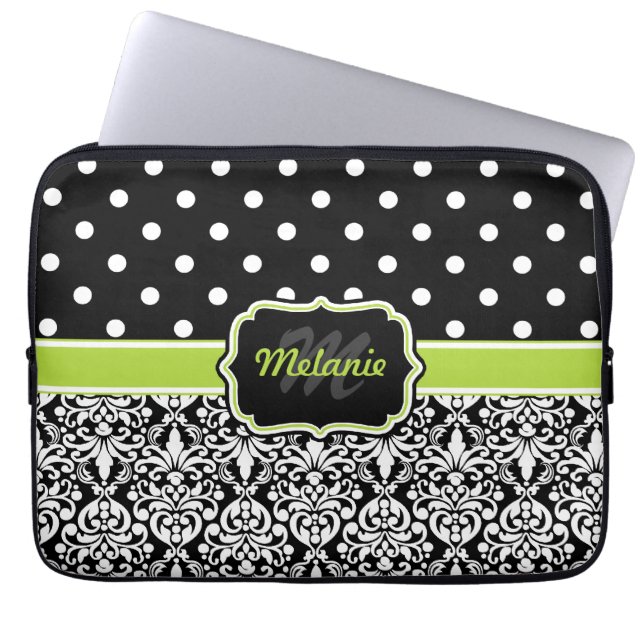 Black Green Monogrammed Damask Polka Dot Laptop Sleeve (Voorkant)