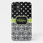 Black Green Monogrammed Damask Polka Dots Pattern Case-Mate iPhone Case (Achterkant)