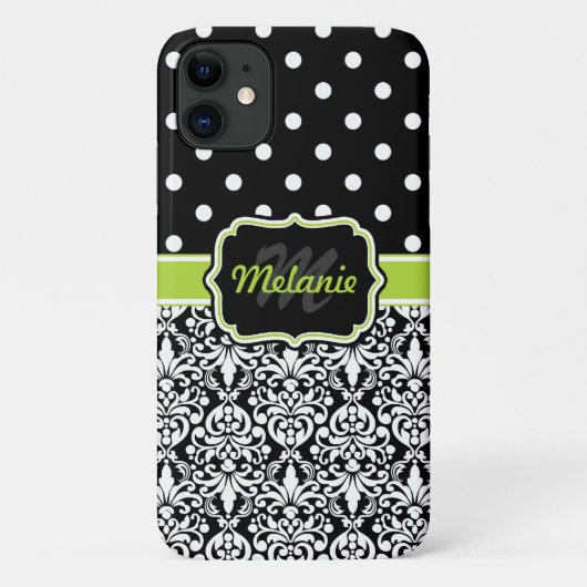 Black Green Monogrammed Damask Polka Dots Pattern Case-Mate iPhone Case (Achterkant)