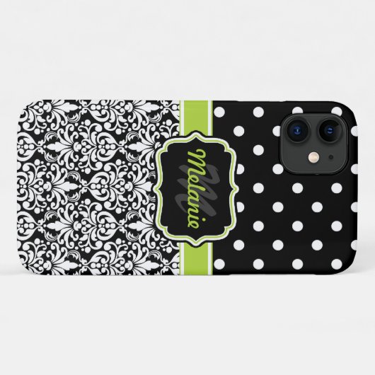 Black Green Monogrammed Damask Polka Dots Pattern Case-Mate iPhone Case (Achterkant (horizontaal))