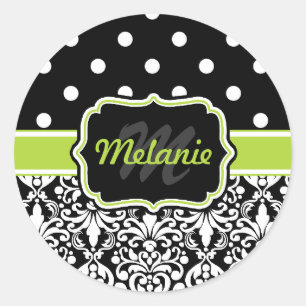 Black Green Monogrammed Damask Polka Dots Pattern Ronde Sticker