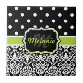 Black Green Monogrammed Damask Polka Dots Pattern Tegeltje (Voorkant)