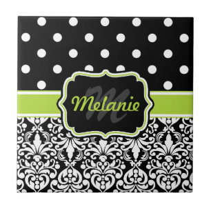 Black Green Monogrammed Damask Polka Dots Pattern Tegeltje