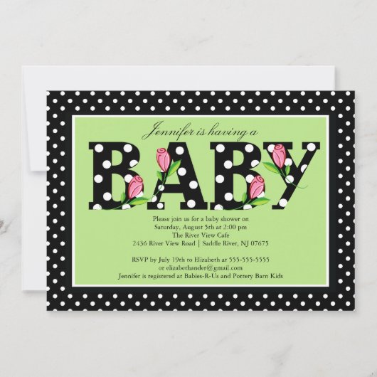 Black Green Polka Dot "baby" Baby shower Kaart (Voorkant)