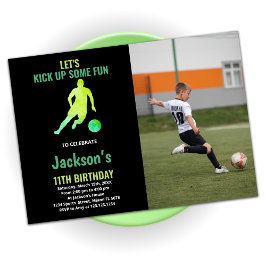 Black Green Runing Soccer Birthday met foto Kaart