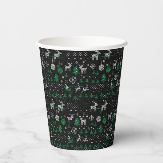 Black Green Santa Reindeer Ugly KerstSweater Papieren Bekers (Achterkant)