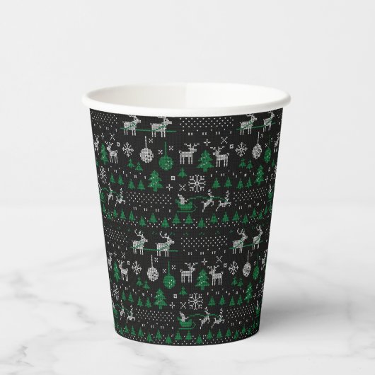 Black Green Santa Reindeer Ugly KerstSweater Papieren Bekers (Links)