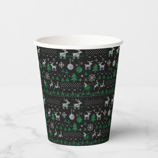 Black Green Santa Reindeer Ugly KerstSweater Papieren Bekers (Voorkant)