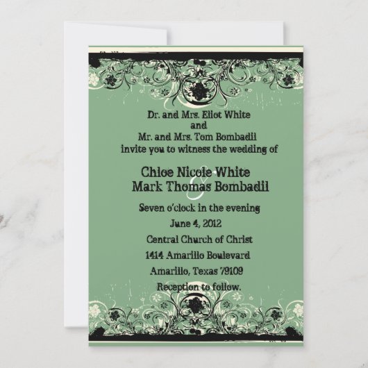 Black Green Shabby Lace Wedding Invitation Kaart (Voorkant)
