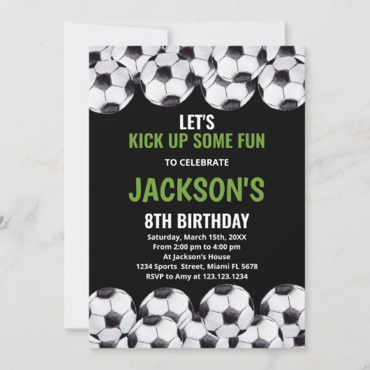 Black Green Soccer Birthday-uitnodigingen Kaart (Voorkant)