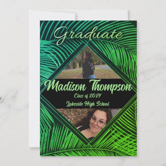 Black & Green Tropical Palm Afstuderen Invitation Kaart (Voorkant)