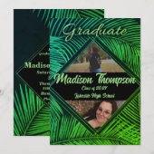 Black & Green Tropical Palm Afstuderen Invitation Kaart (Voorkant / Achterkant)