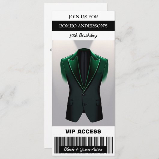 Black Green Tuxedo Verjaardag Ticket Uitnodiging (Voorkant / Achterkant)