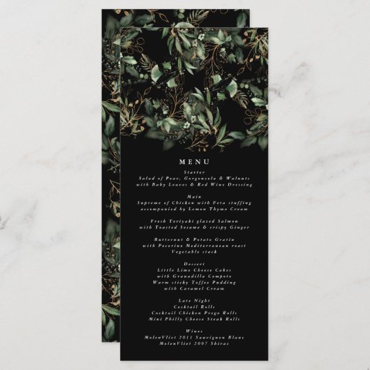 Black Greenery Botanical Eucalyptus Modern Wedding Menu (Voorkant / Achterkant)