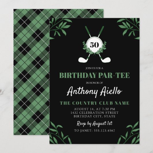 Black Greenery Golf Themed Birthday Par-Tee Kaart (Voorkant / Achterkant)