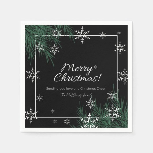Black Greenery Snowflakes Merry Kerstmis Servet (Voorkant)