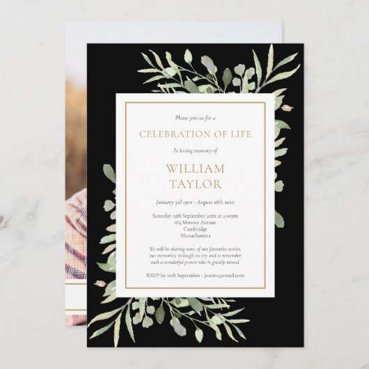 Black Greenery Viering van het Leven Foto Begrafen Kaart (Voorkant / Achterkant)