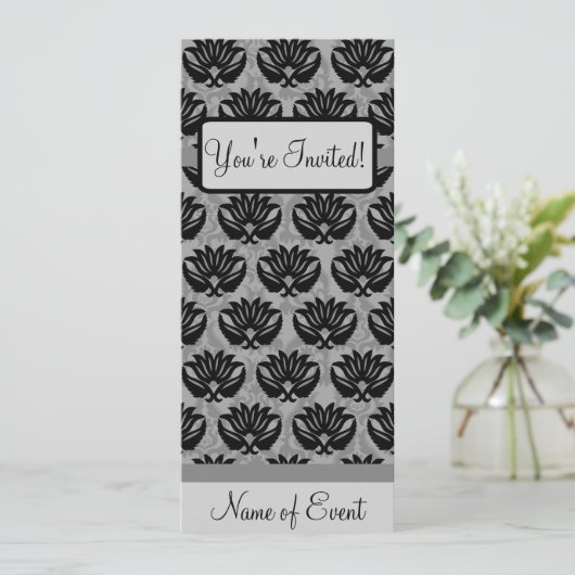 Black Grey Art Nouveau Damask Happy Birthday Kaart (Staand voorkant)