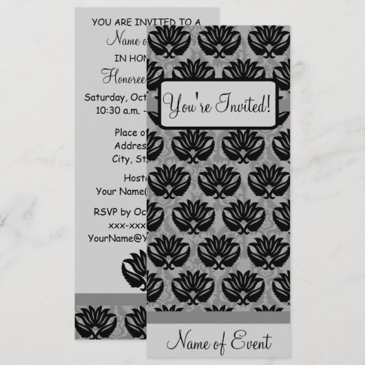 Black Grey Art Nouveau Damask Happy Birthday Kaart (Voorkant / Achterkant)