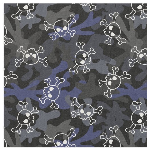 Black Grey Blue Camo Pattern Skulls Stof (Close Up)