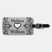 Black Grey Bride Groom Names Floral Wedding Bagagelabel (Voorkant horizontaal)