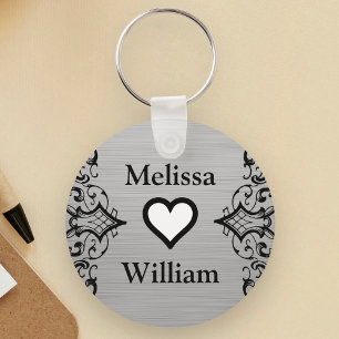Black Grey Bride Groom Names Floral Wedding Sleutelhanger