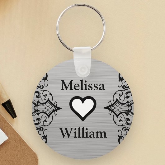 Black Grey Bride Groom Names Floral Wedding Sleutelhanger