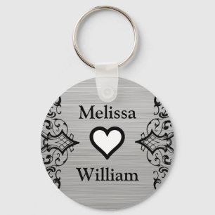 Black Grey Bride Groom Names Floral Wedding Sleutelhanger