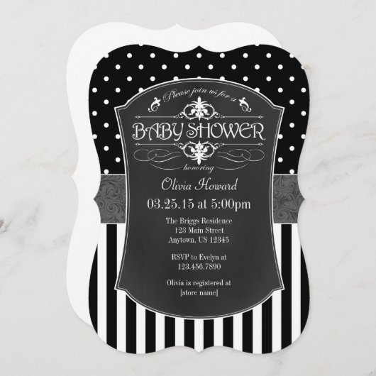 Black Grey Chalkboard Stripes Baby shower Invite Kaart (Voorkant / Achterkant)