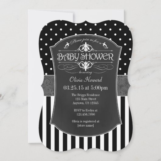 Black Grey Chalkboard Stripes Baby shower Invite Kaart (Voorkant)