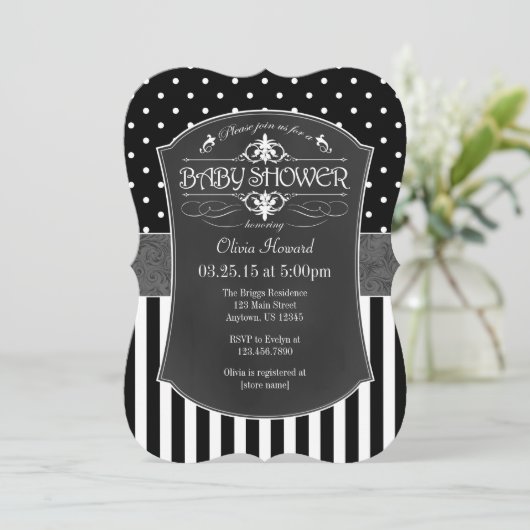 Black Grey Chalkboard Stripes Baby shower Invite Kaart (Staand voorkant)