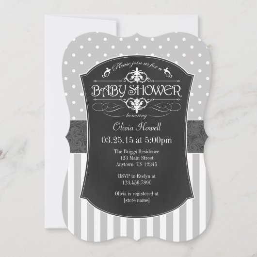 Black Grey Chalkboard Stripes Baby shower Invite Kaart (Voorkant)