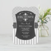 Black Grey Chalkboard Stripes Baby shower Invite Kaart (Staand voorkant)