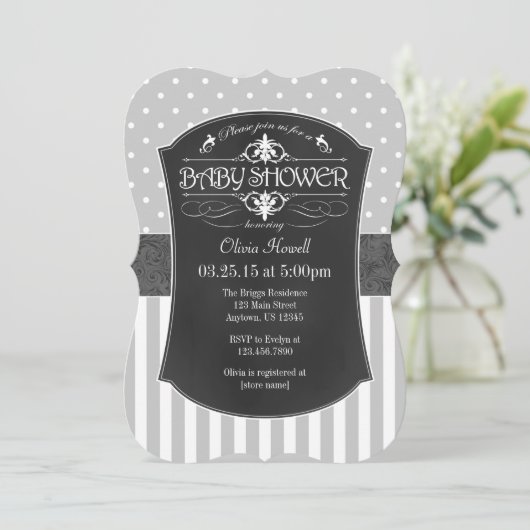 Black Grey Chalkboard Stripes Baby shower Invite Kaart (Staand voorkant)