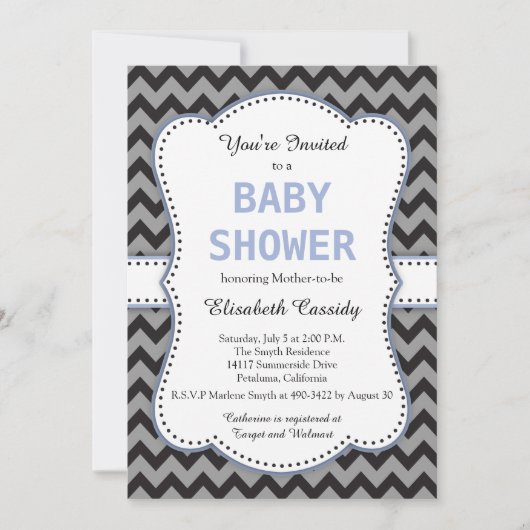 Black & Grey Chevron, Blue Baby shower Invitation Kaart (Voorkant)