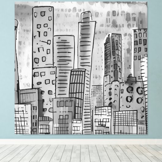 Black Grey City Doodle Canvas Afdruk (Insitu (Houten vloer))