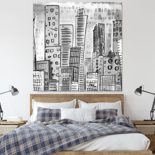 Black Grey City Doodle Canvas Afdruk (Insitu (Slaapkamer))