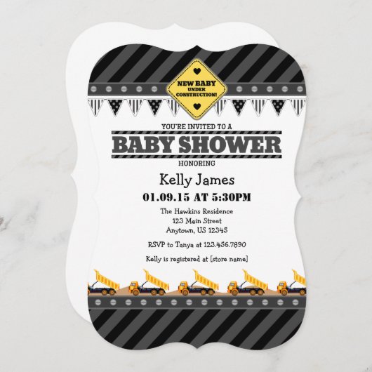 Black Grey Construction Baby shower Invitation Kaart (Voorkant / Achterkant)